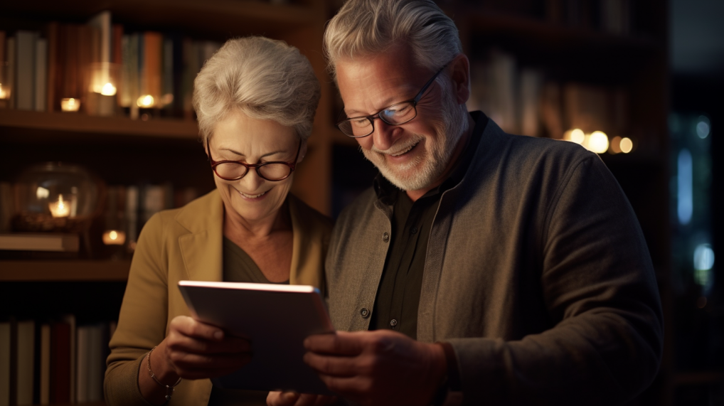 Seniorzy przyglądający się ebookowi.