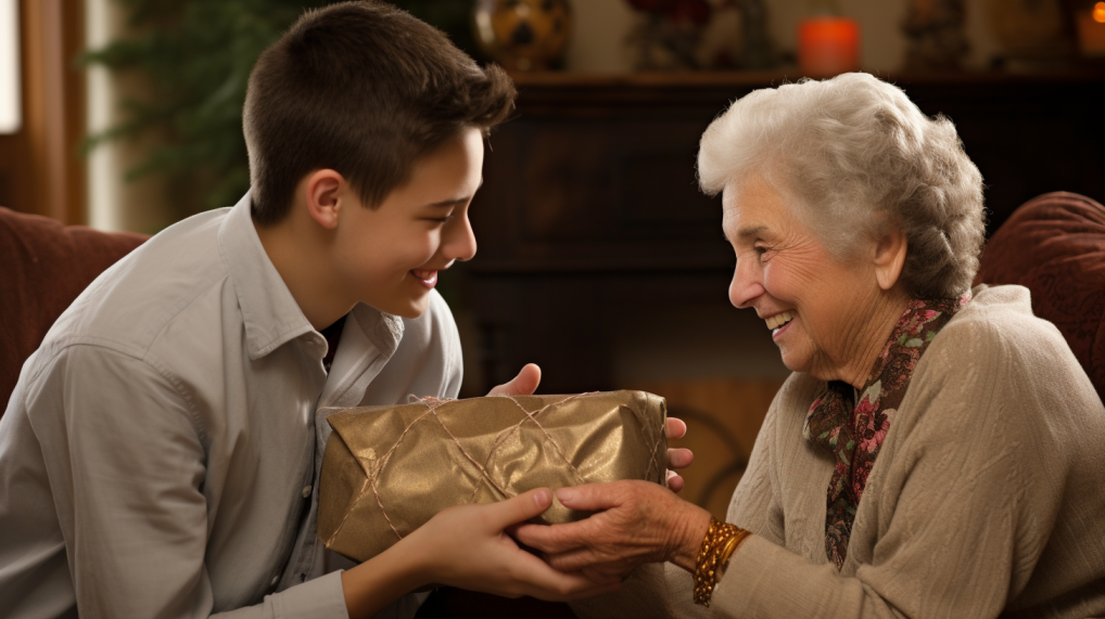 Wnuczek wręcza prezent na Dzień Babci