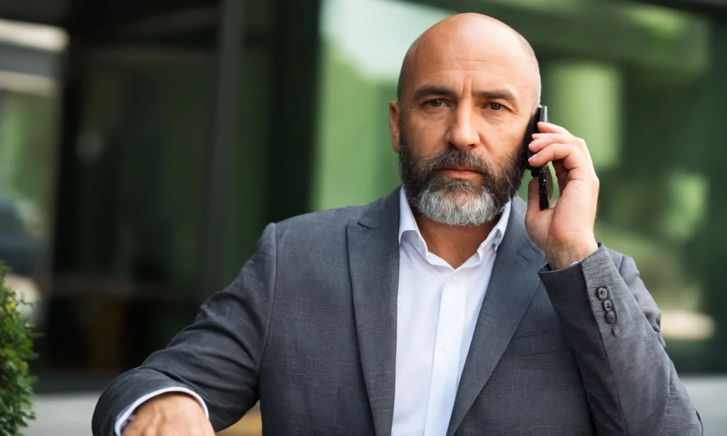 Elegancko ubrany mężczyzna w wieku 50+ rozmawia przez telefon. Musi uważać na spoofing telefoniczny.