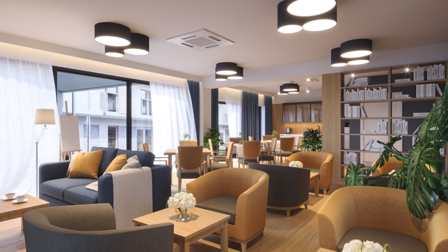 Sala wielofunkcyjna w Apartamentach Senioralnych ReVital w Mechelinkach to miejsce, w którym seniorzy mogą spędzać czas wspólnie 
